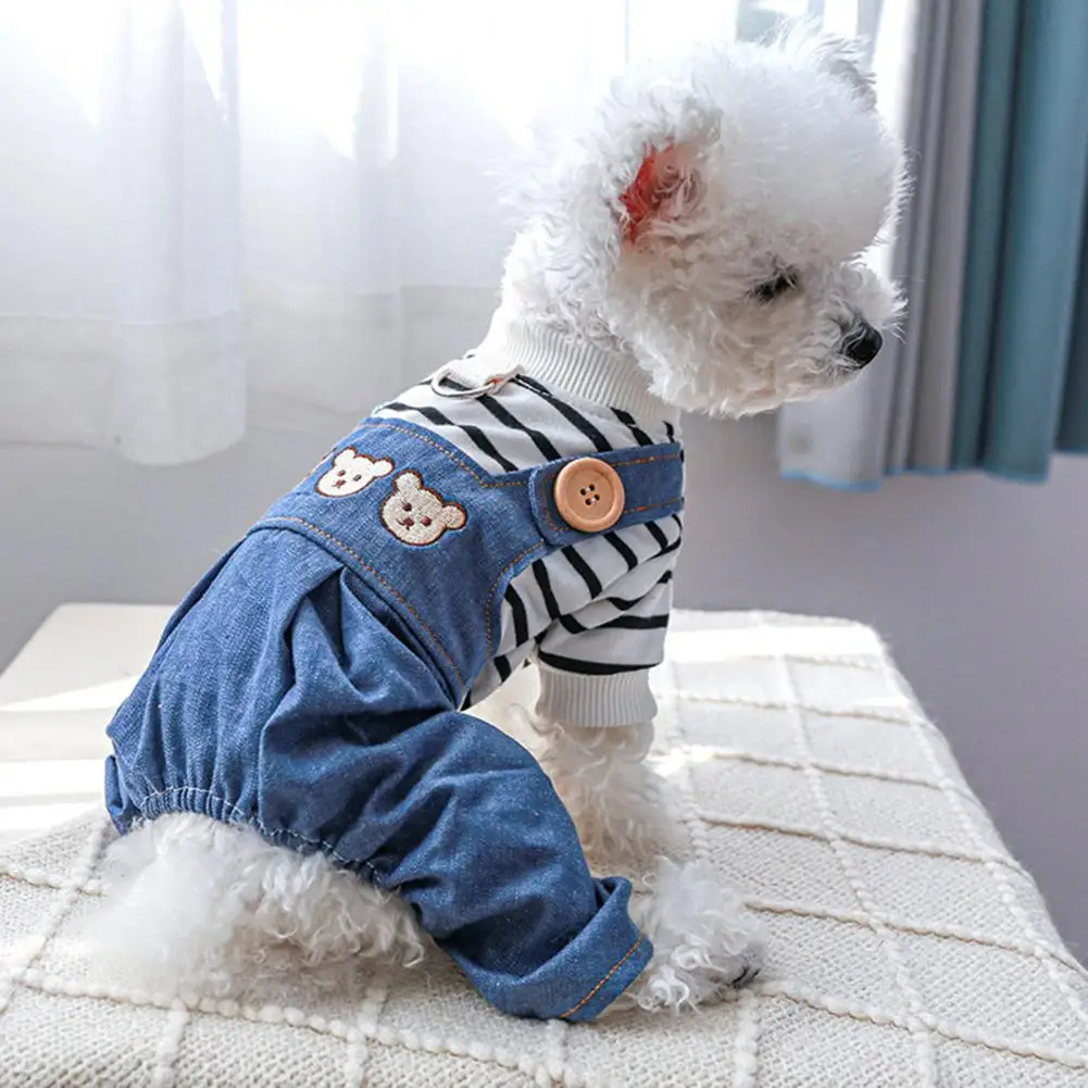 

Pet Overall Round Neck Adorable with Traction Ring Cartoon Bear Pattern Pet Cat Dog Denim Jumpsuit одежда для собак