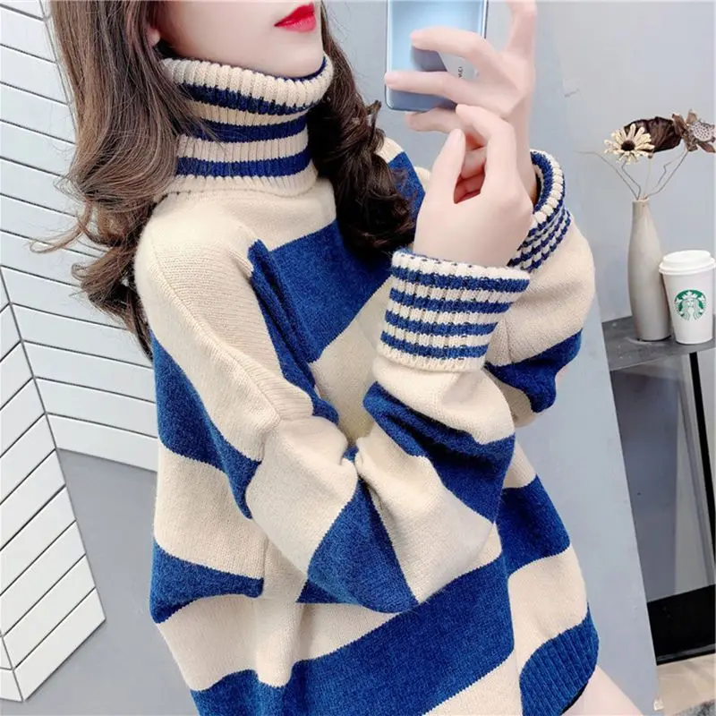 

Turtleneck Sweater Women's Outer Wear New Wide Striped Top Loose Velvet Thickened Knitted Bottoming Shirt Wholesaler