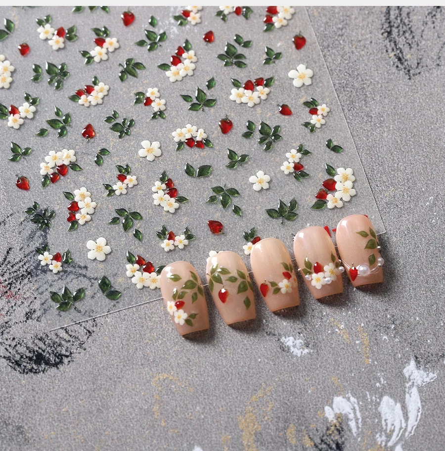 1개 5D 젤리 화이트 릴리 레드 스트로베리 네일 아트 스티커 모란 장미 동백 엠보싱 네일 데칼 섬세한 네일 아트 장식