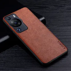 Premium Retro Litchi Pattern Leather Phone Case - Business Style Back Cover for Huawei P60 Pro (Brown)