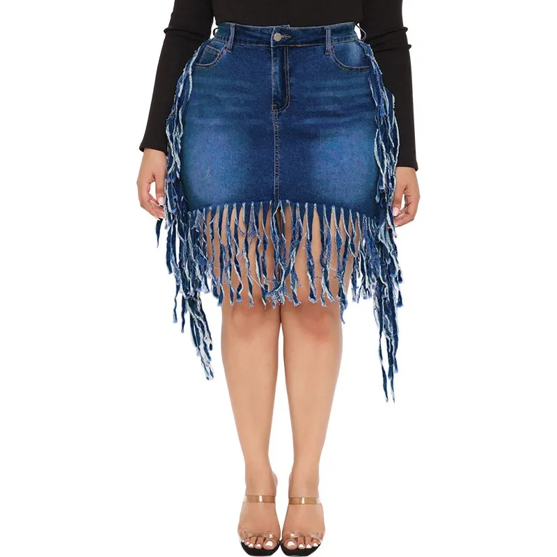 Women's Denim Skirt Spring Summer New Fashion Solid Fringe Short Skirt Big Size Elastic Bag Hip Casual Street Blue XL 4XL 5XL