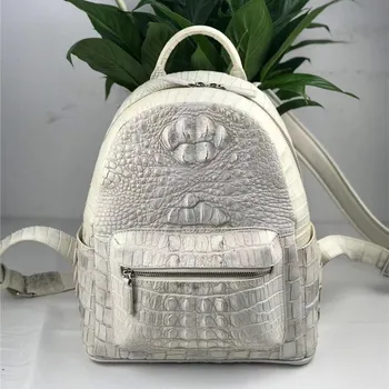 Authentic Exotic Crocodile Skin Zipper Closure Female Lady White Backpack Genuine Real Alligator Leather Women's Travel Bag Pack