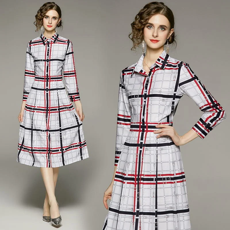 

Модные Простые французские повседневные женские платья средней длины, однобортные женские свободные мягкие клетчатые платья с принтом и зауженной талией