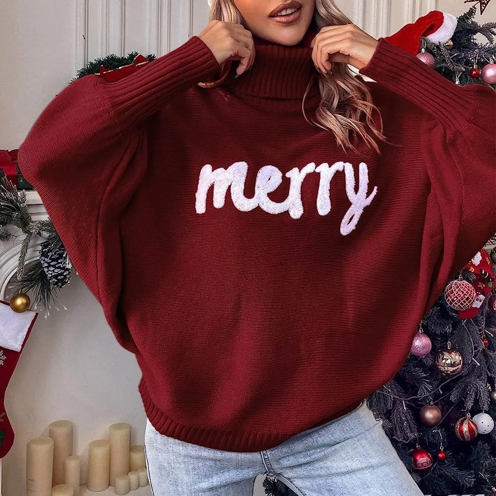 

Women Merry Letter Print Turtleneck Knitted Sweater Autumn Winter Loose Bat Sleeve Knitwear y2k Street Pullovers Tops Christmas