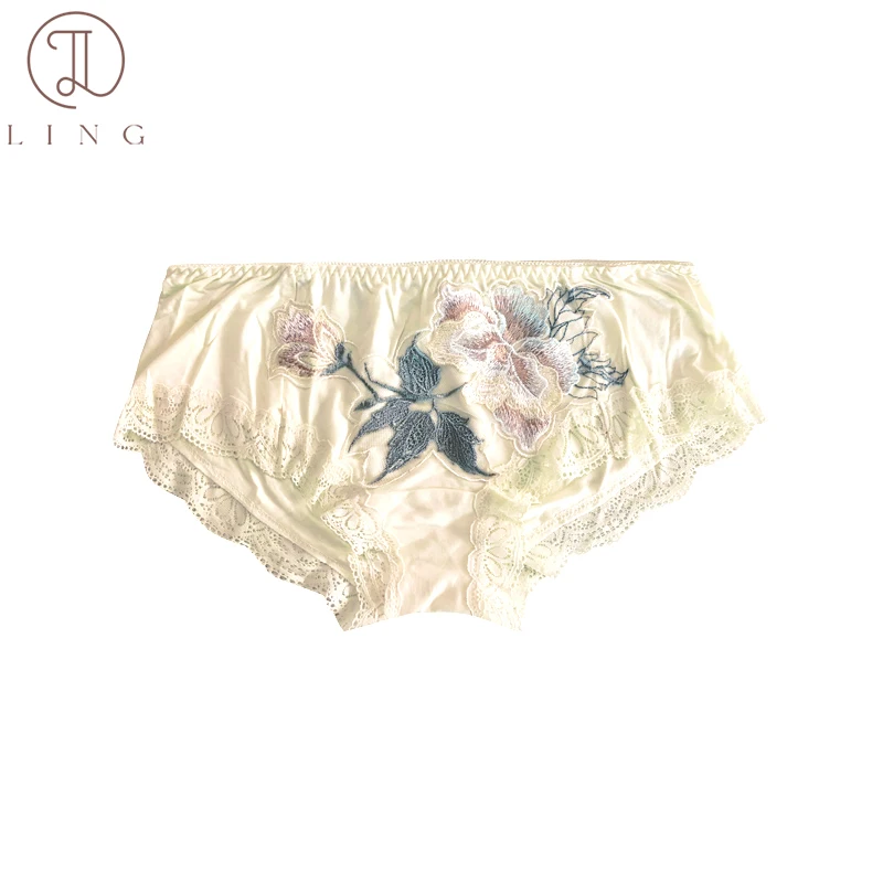 

Ling 1 Pcs Pajama Silk Women's Underwear Embroidered Flower Lace Short Pants Sexy Style Sleepwear Can Wear With Belly