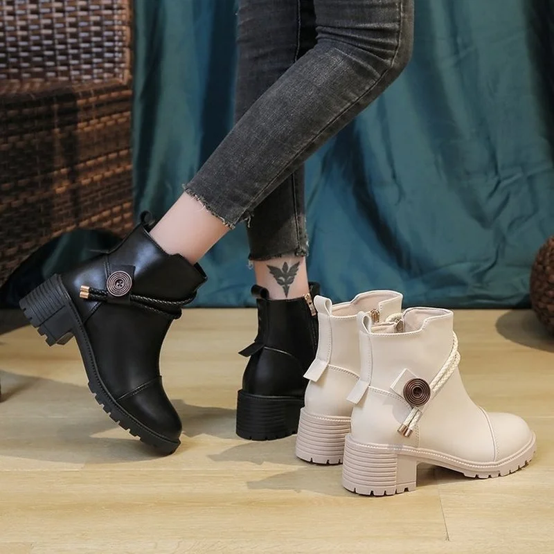 2022 Winter Leather Ankle Boots for Women Shoes Round Toe ZIP Women Boots Office Lady Female Boots Platform Shoes Grown