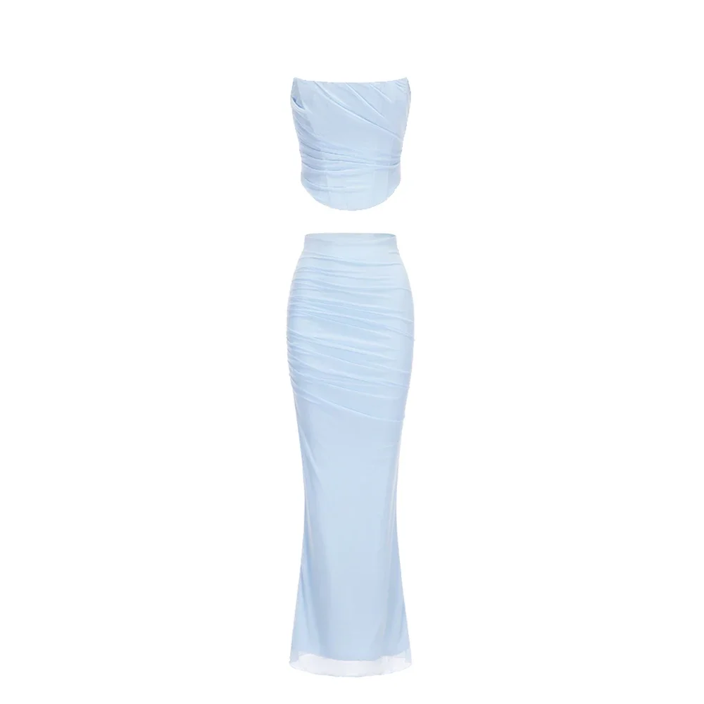 Mingmingxi Elegant Maxi Wedding Guest Dress Set Sexy Strapless Blue Cropped Top Set Bodycon Holiday Party Dresses Women 5