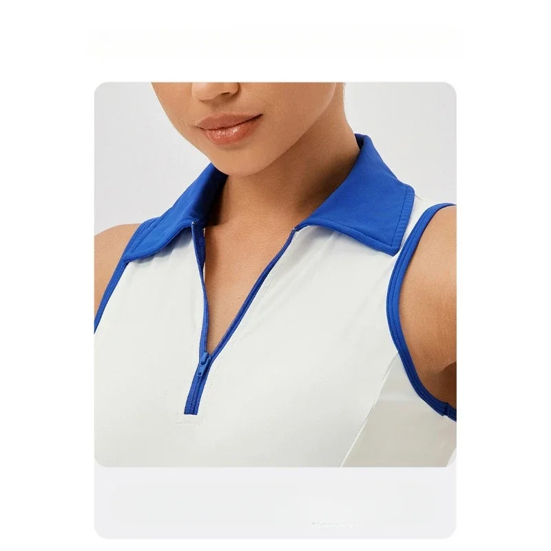 Women Summer Tennis Dress Solid Color Lapel Slim Fit Running Skirt Breathable Golf Dress Yoga Wear Workout Clothes