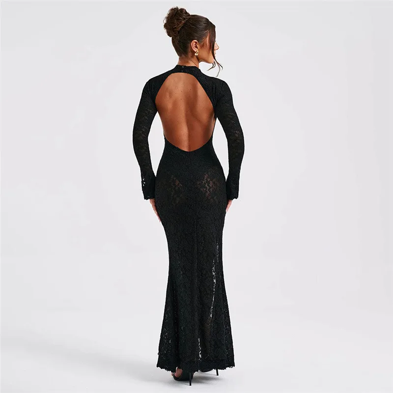 

2024Spring and Summer Women's New French Retro Lace Long Dress Sexy round Neck Backless Slit Women's DressCok