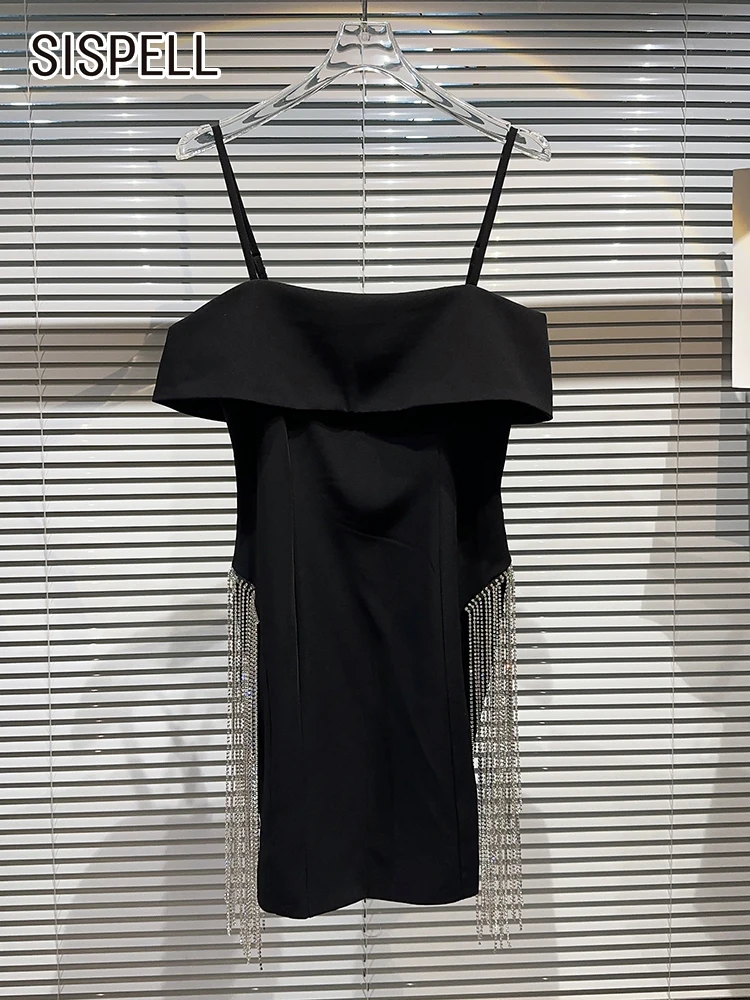

SISPELL Patchwork Tassel Camisole Dresses For Women Square Collar Sleeveless High Waist Solid Slimming Bodycon Dress Female New