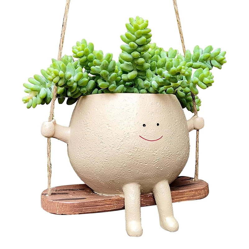 

Swing Face Planter Pot - Cute Hanging Planter Pot Decor, Resin Flower Pot Wall Planter With He-mp Rope