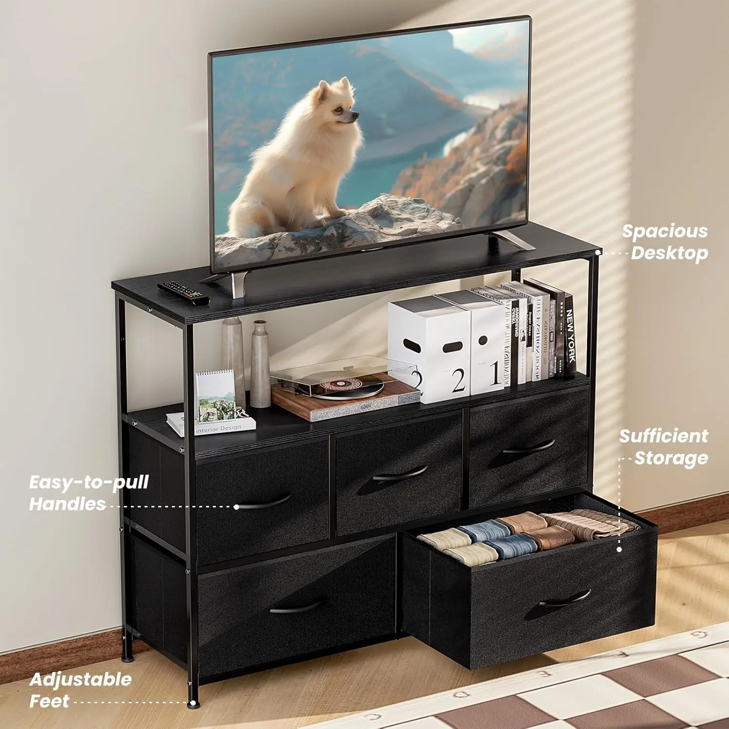 TV Stand & Dresser. For Bedroom. 40" TV Shelf. 5 Fabric Dressers. Storage. Entertainment Center.