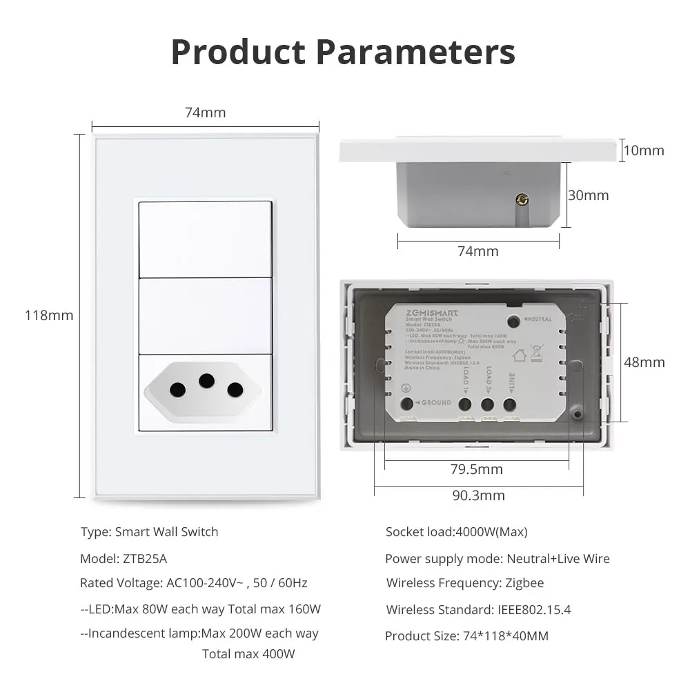 Zemismart-tomada Tuya Zigbee Brasil com Dois Interruptores Push Light Tomada Brasileira Inteligente Alexa e Google Home Control 20a - Image 6