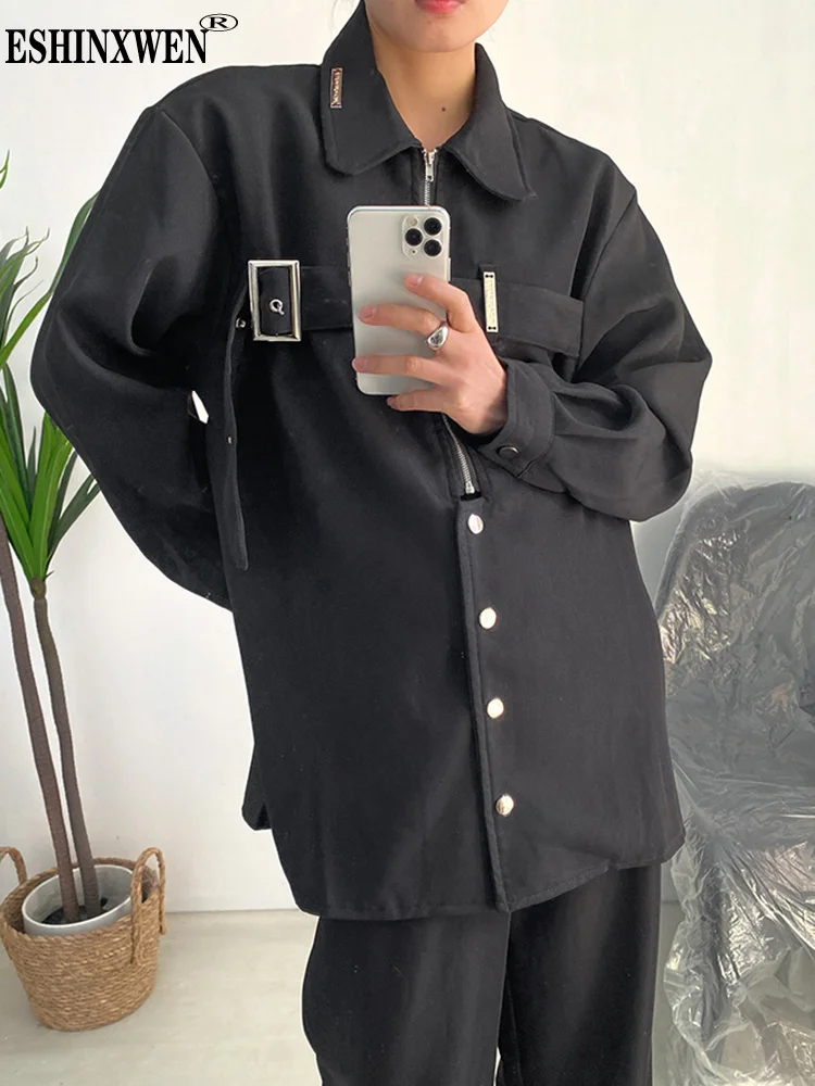 

Eshin 2023 Autumn Women Black Buckle Big Size Casual Blouse New Lapel Long Sleeve Loose Fit Shirt Fashion TH4667