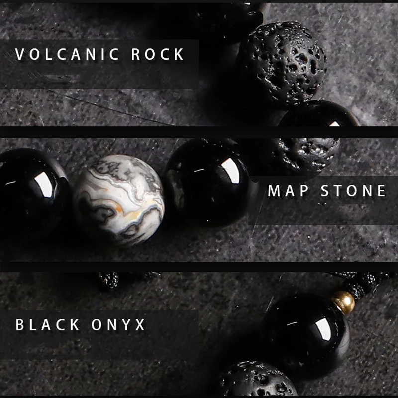 Dark Series Natural Black Onyx Volcanic Rock Map Stone Beads Bracelet Homme Copper Accessories Lava Jewelry for Women Pulsera