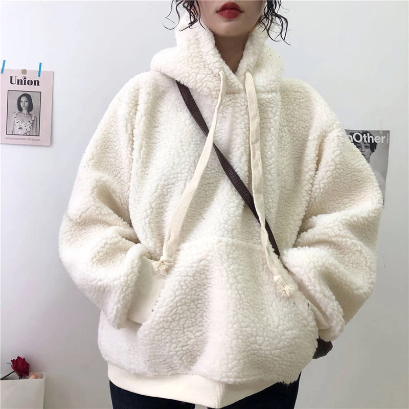 Winter Loose Long-sleeved Lamb Plush Warm Ladies Pullover Plus Velvet Thickening Casual Loose Lantern Sleeve Women's Hoodie 2020 new winter plus velvet thickening fake two piece ladies hoodie loose lamb plush letter embroidery casual women sweatshirt