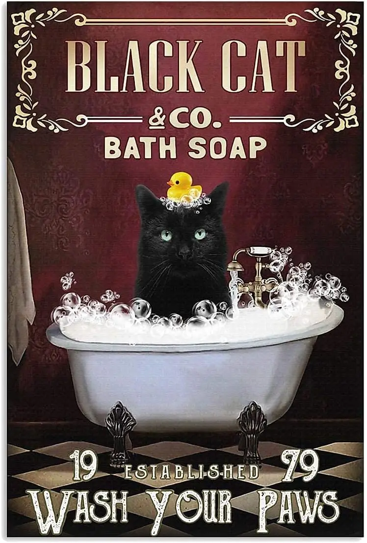 

Bathtub Cat Retro Metal Tin Sign, Black Cat Bath Soap Bubble Poster Toilet Cave Bar Home Wall Decoration Sign 12X16 Inch