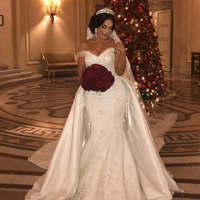 African Elegant Beaded Lace Wedding Dresses Detachable Train Applique  Mermaid | eBay