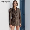 TWOTWINSTYLE Solid Spliced Appliques Slim Blazers For Women Notched Collar Long Sleeve Patchwork Button Chic Elegant Coat Female 1