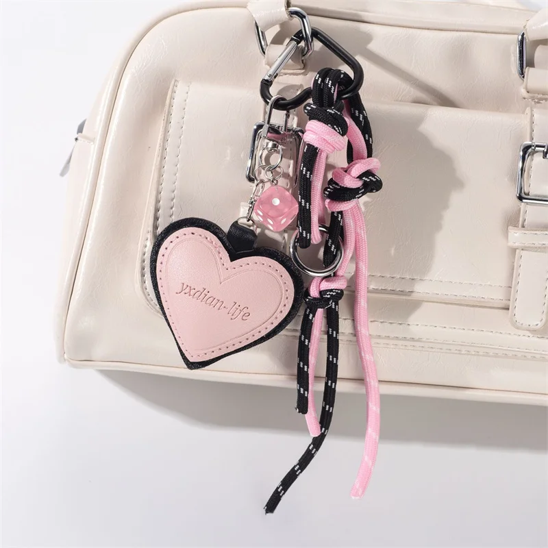 Cartoon Pink Heart-shaped Leather Pendant Keychain Personality Creative Pink Dice Women's Bag Key Chain Trinket for Female Gift
