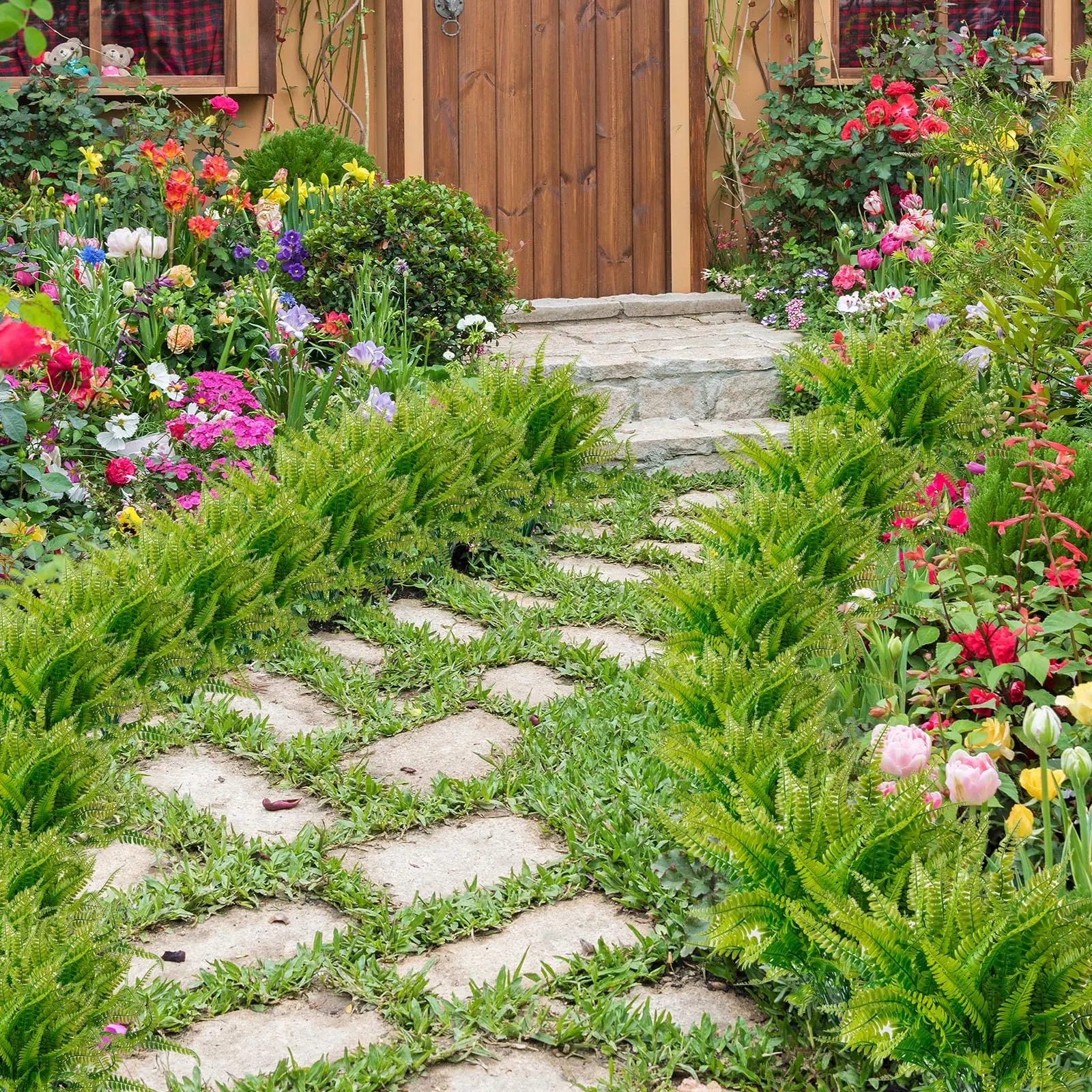 4 Bündel künstliche Pflanzen, künstliche Boston-Farns-Büsche, künstliche Sträucher, grün, UV-beständig, Pflanze für Zuhause, Garten, Outdoor, Hofdekoration – Detail 4