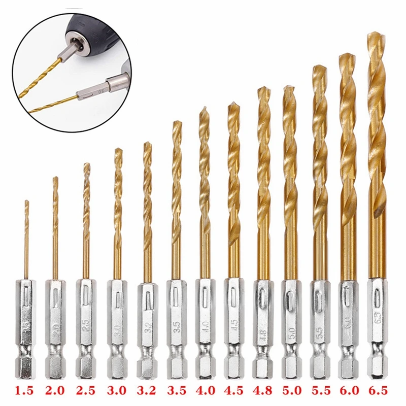 

High Speed Steel Twist Drill Bits Titanium Coated Drill Bit 1/4 Hex Shank 1.5-6.5mm Hexagonal Handle Twist Drill for Woodworking