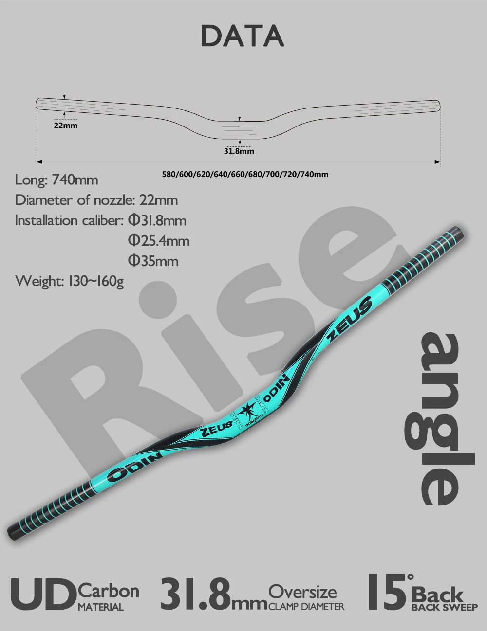 ODINZEUS-31,8 mm Vollcarbon-Mountainbike-Lenker, Flat/Rise, 10 Farben, Unisex, 3 Karat, glänzend, 580–740 mm, ultraleicht 150 g – Detail 9
