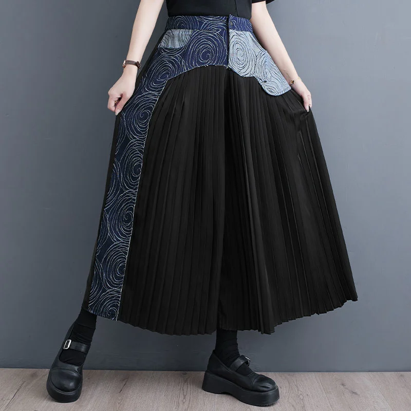 

#2904 Spliced Denim High Waist Wide Leg Pants Women Loose Streetwear Vintage Pleated Pants Femme Joggers Black Spring Summer