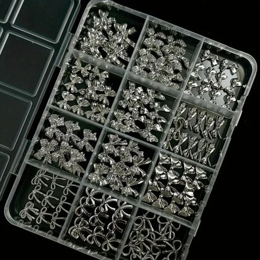 120개 메탈 보우 네일 참 실버 3D 멀티 쉐입 보우낫 리본 합금 라인스톤 DI..