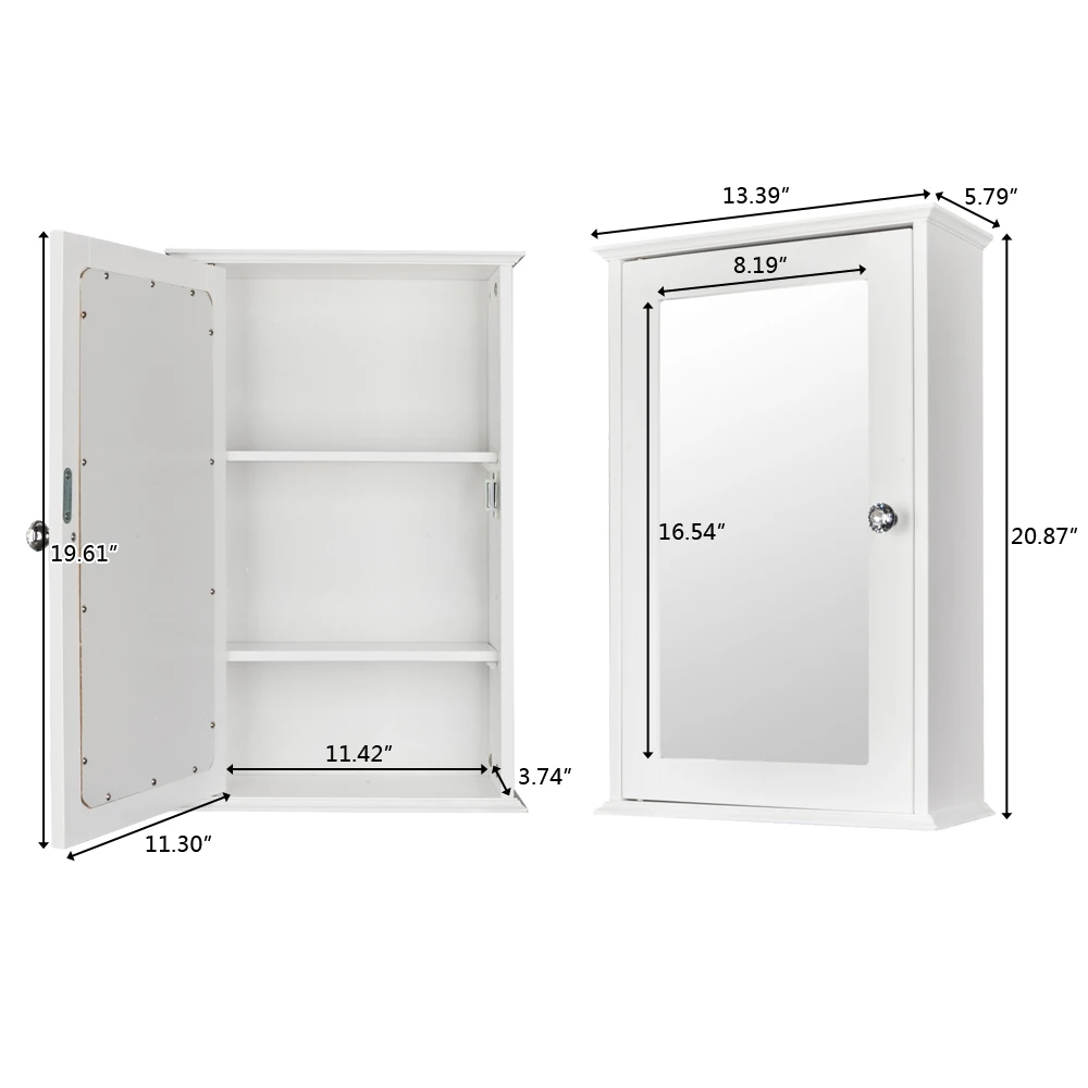 Single Door Mirror Indoor Bathroom Wall Mounted Cabinet Shelf White 5