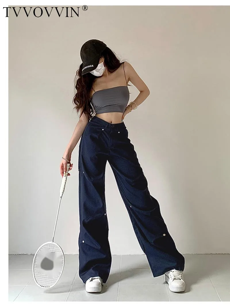 

TVVOVVIN Vintage Low Waist Spice Girl Cargo pants 2023 summer Women's American casual high waist Straight cylinder pants UFPN