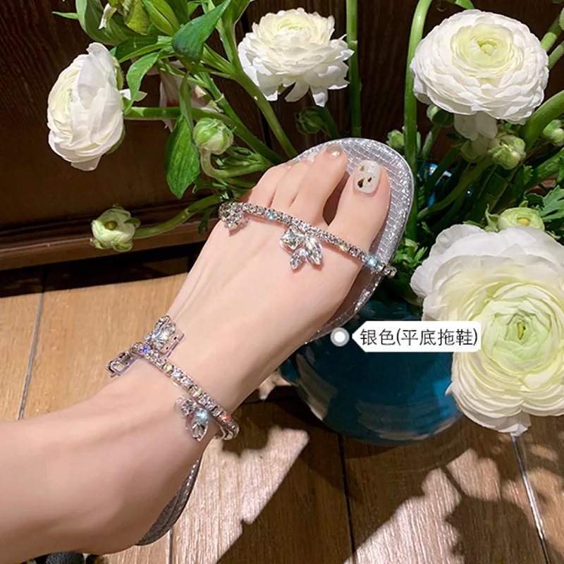 Sweetly Wearable Sandals with Water Diamonds, Summer New One Line Open Toe Flat Bottom Water Diamond High Heel Slippers