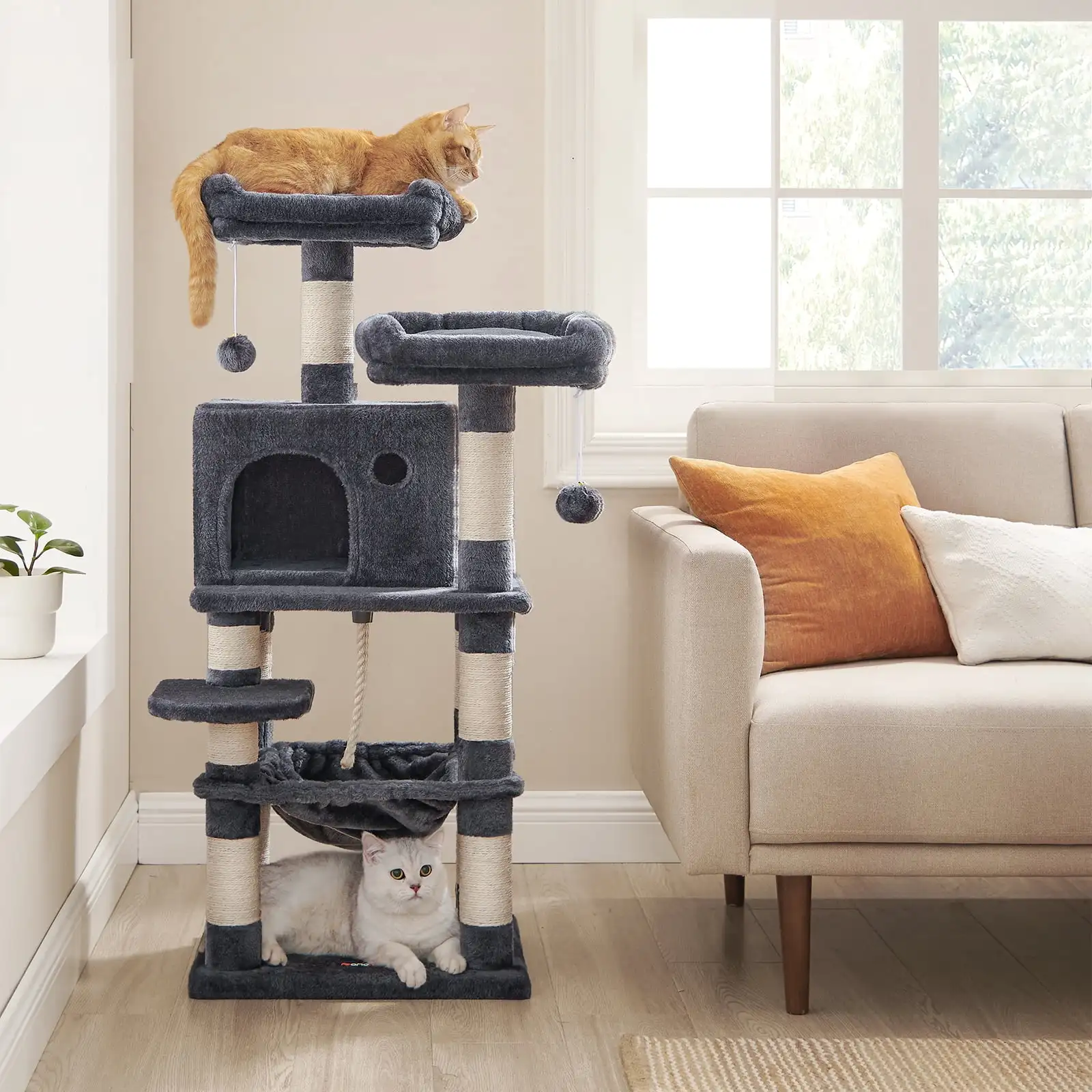 

44.1" Cat Tree Tower with 11 Scratching Posts Multi-Level Condo 2 Perches Cave Hammock Smoky Gray