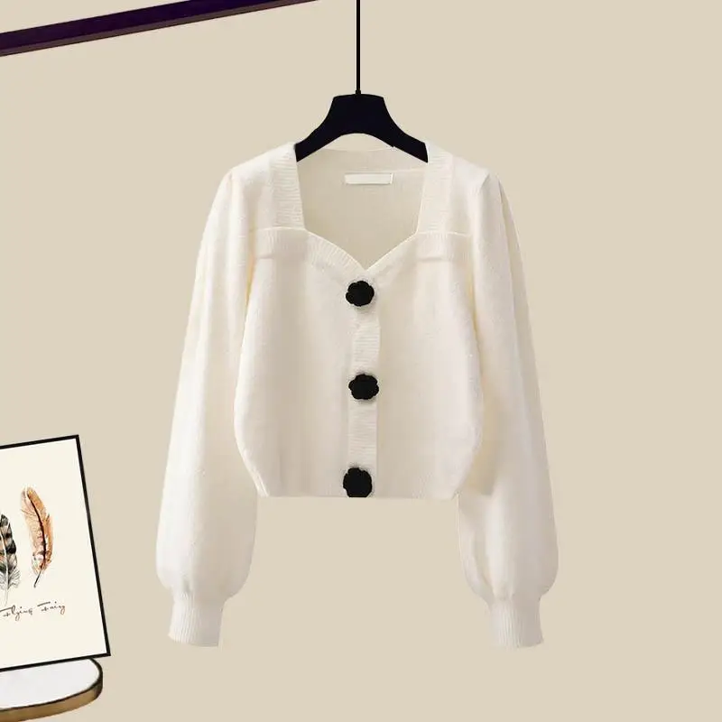 2023 Autumn Winter New Fashion Knit Sweater Top+Black Dress Two Piece Set Women's Korean Elegant Cardigan Blouse Midi Skirt Suit