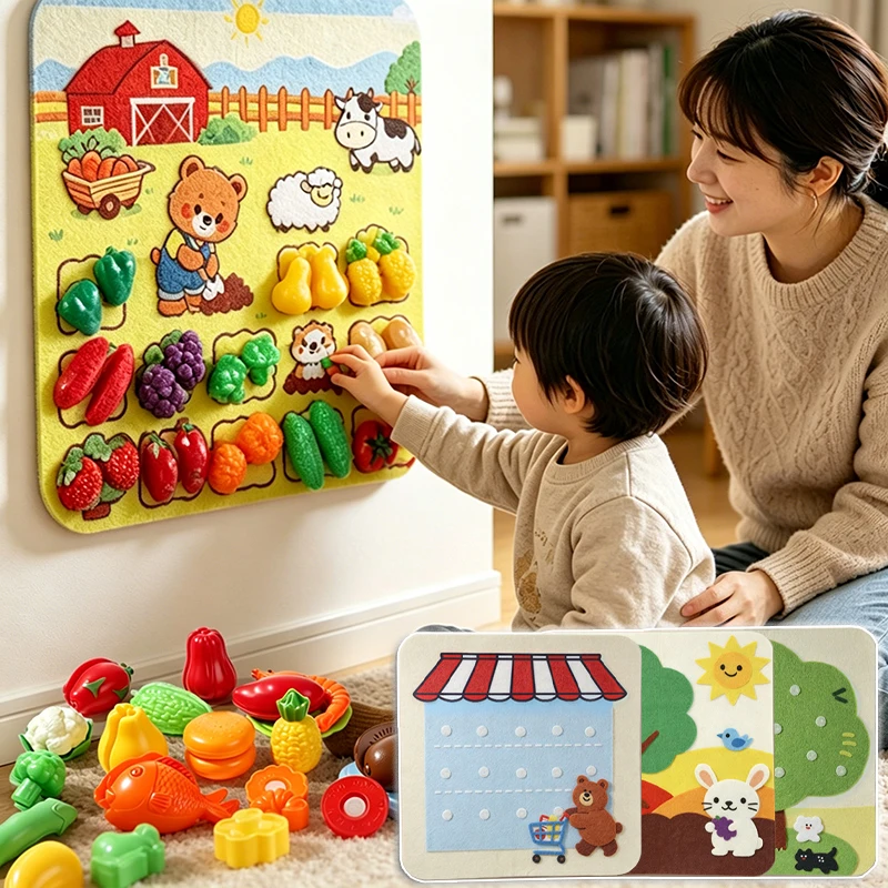 Gioco di simulazione cucina in feltro per bambini, adesivi da parete/recinzione, simulazione di frutta e verdura da fattoria, giocattolo per attività motorie grosse