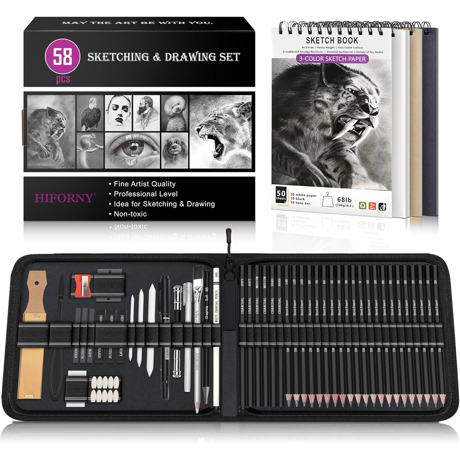 58 Pcs Drawing Kit Sketching Pencil Set Sketch Pencils Art Supplies 3-Color Sketchbook Graphite Charcoal Drawing Pencils sketch drawing tools sketching pen set