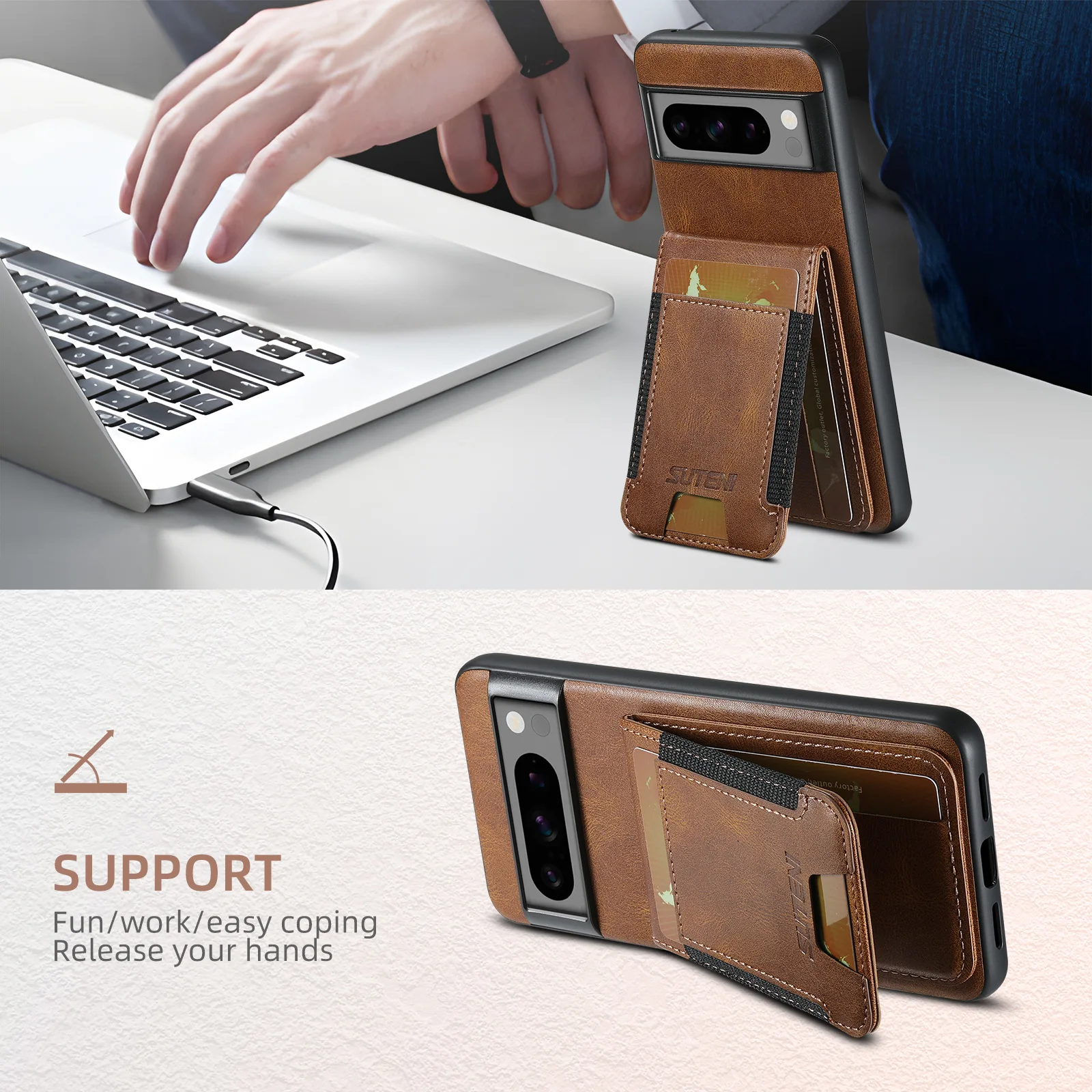 Leather Wallet Case with Elastic Card Pocket and Stand Holder - Shockproof Protective Cover