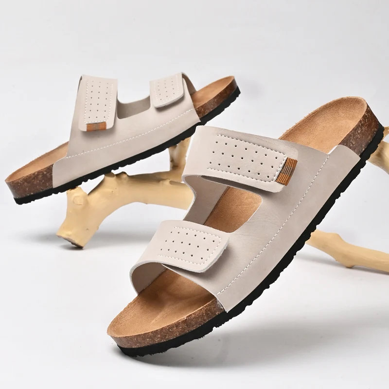 Cork Toe Slippers Exposed Toes Comfy Muller Shoes for Men Summer Casual Leather Slippers Men Flats Fashion Casual Beach Flats