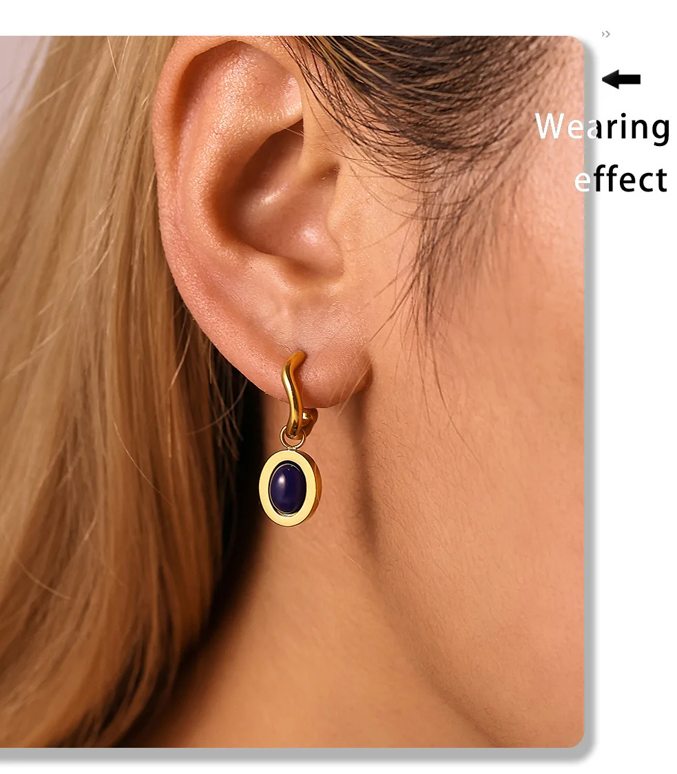OL Edelstahl vergoldet Mode Ohrringe für Frauen Oval Achat wasserdicht Ohr Hoop kein verrostet Charm Schmuck Geschenk – Detail 4