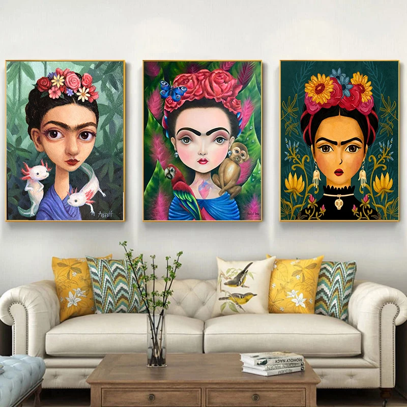 Frida K Poster Girl Portrait Pittura Decorativa Cartoon Flower Face Wall Canvas Poster Moxico Painter Bedroom Home Decor