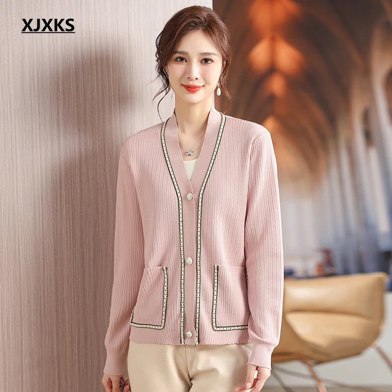 

XJXKS 2023 Autumn New Fashion V-neck Single-breasted Cardigan Ladies Thin Sweater Coat Loose Oversize Womens Clothing Jacket