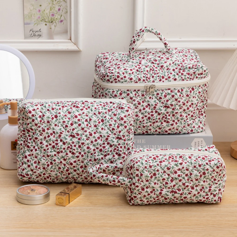 3pcs/set Storage Organizer Floral Quilted Makeup Bags Cotton Padded Cosmetic Bag Large Travel Toiletry Bag Women Zipper Wash Bag 3