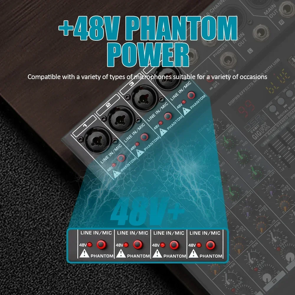 Professional Audio Mixer 8 Channel Sound board Console DJ Mixing Desk System Interface Built-in 99 Reverb Effect DGNOG DMK08FX