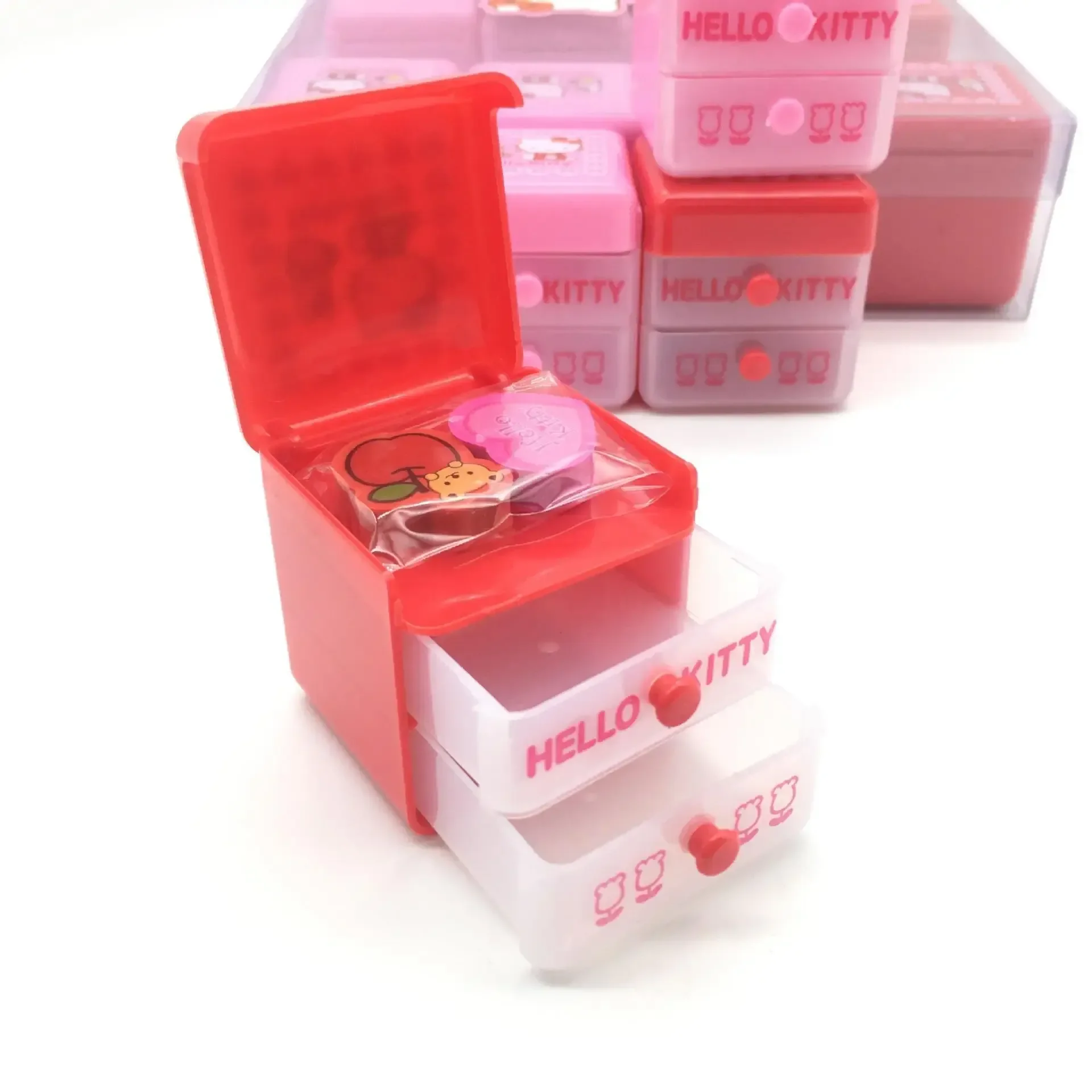 

12pcs Sanrio Cartoon Cute Hellokitty Drawer Box Eraser Ktcat Desktop Storage Box Rubber Prizes Wholesale Student Kawaii Gift