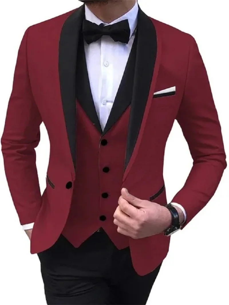 Black Shawal Lapel Costume Homme Groom Tuxedos Men Suit Wedding Prom Blazer 3 Pieces Terno Masculino (Jacket+Pants+Vest+bow)