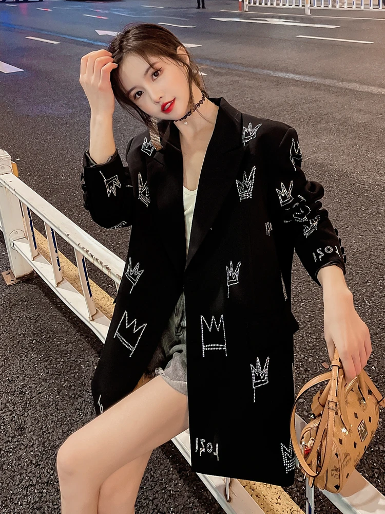 Trendy Black Suit Coat 2022 New Spring Autumn Loose Crown Hot Drilling Mid-long Blazers Elegant Long Sleeve Streetwear Jackets