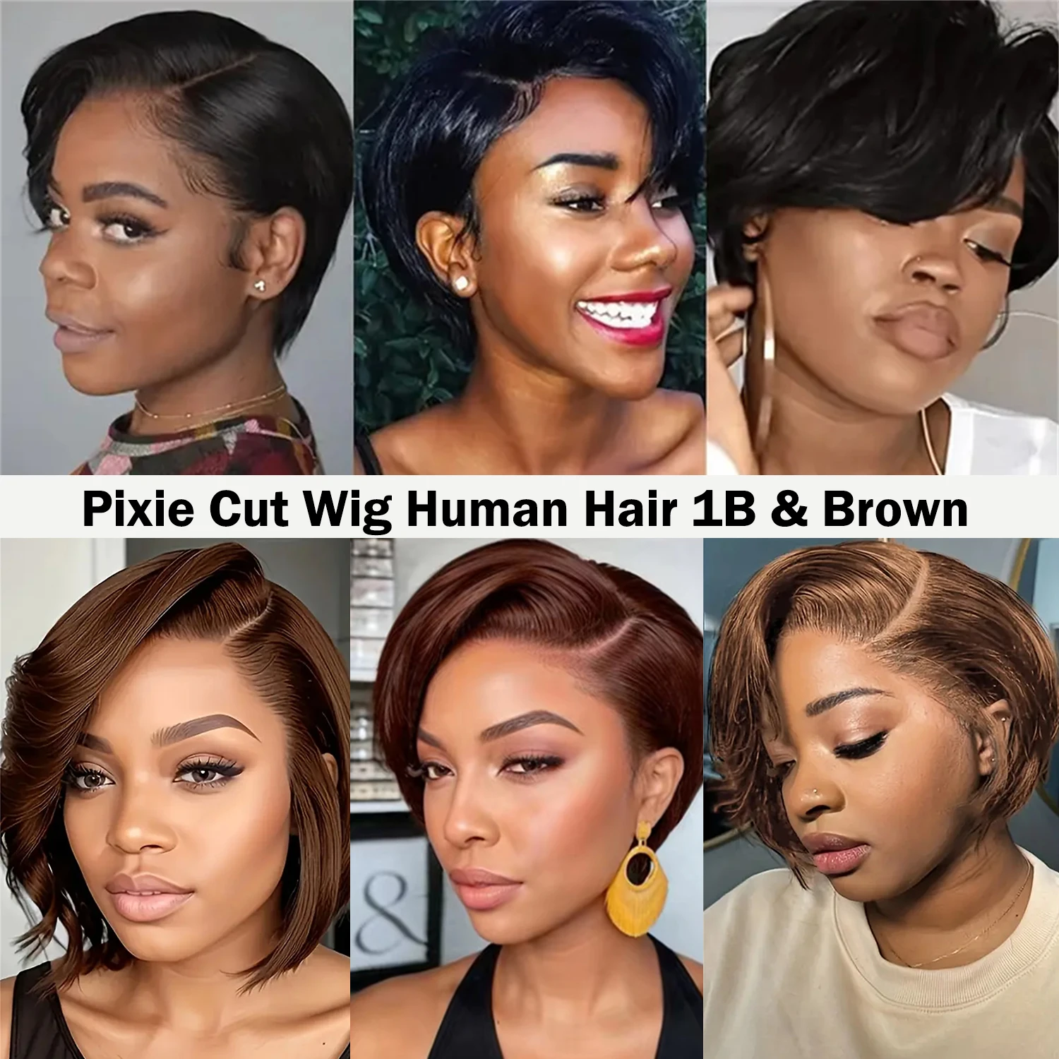 Short Pixie Cut Wig Straight Human Hair Bob Wig 13X4 Lace Front Brazilian Remy Hair Natural 6 inch Dark Brown Natural Black