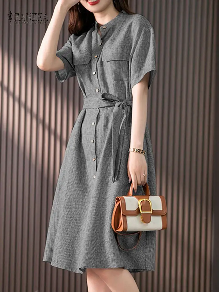 

ZANZEA Fashion Grid Dresses For Women 2023 Summer Short Sleeve Checked Dress Belted Robe Femme Office Vestidos Holiday Sundress