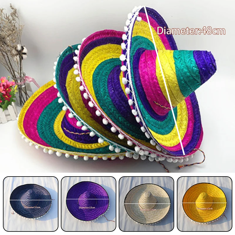 

Mexican Pompom Straw Hat Shawl Hawaiian Style Halloween Cosplay Wedding Costume Party Carnival Holiday Decorations
