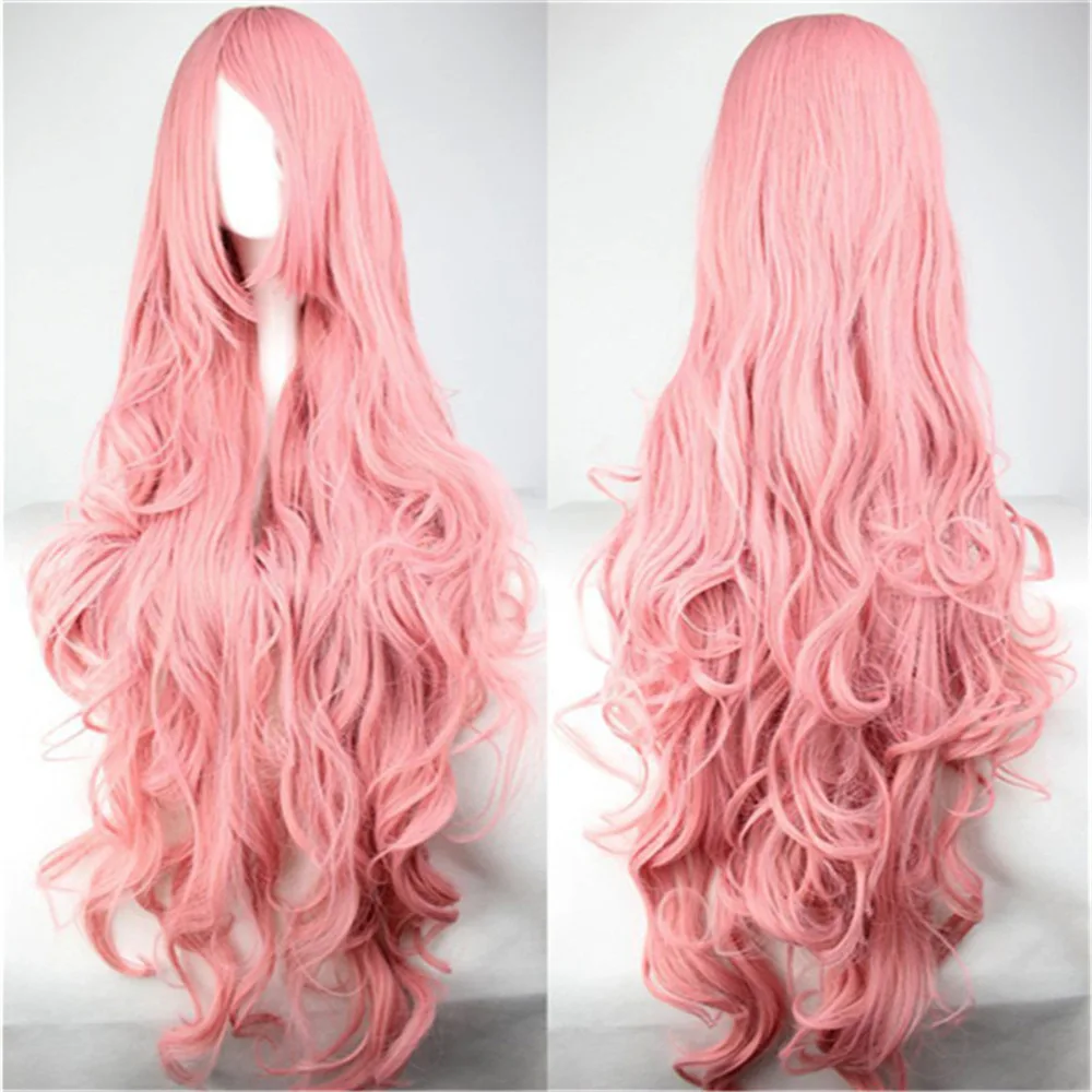 

Big wave long curly hair headgear pink 100cm wig curly hair bangs chemical fiber high temperature silk headgear